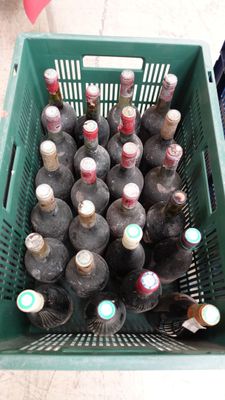 many bottles of wine in a green basket on the floor