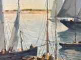 painting of sailboats in the water near a pier with a lighthouse in the background