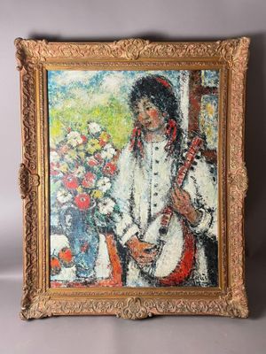 une peinture à l'huile représentant une femme jouant du banjo devant un vase de fleurs