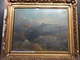 une peinture à l'huile représentant une scène de montagne avec une rivière au premier plan