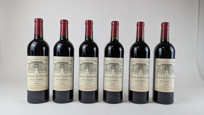 six bouteilles de vin sont alignées sur une surface blanche