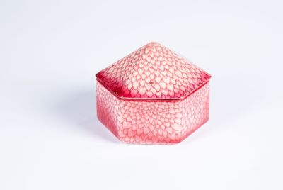 une image représentant une petite boîte rose avec un couvercle, posée sur une surface blanche