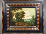 painting of a landscape with a man and a woman on horseback by a river