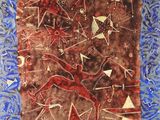 une peinture abstraite représentant un homme et un chien sur fond bleu