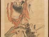 peinture chinoise sur rouleau représentant un homme barbu et un chien