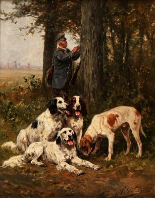 une image représentant un tableau où l'on voit un homme et des chiens dans un environnement boisé