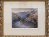 an image of a painting of a river with mountains in the background