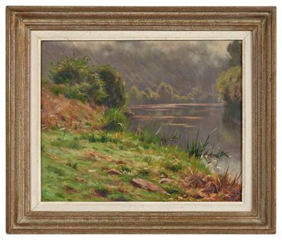 une peinture représentant une scène de rivière avec un bateau dans l'eau