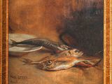 tableau représentant une nature morte composée de poissons et d'une assiette de pain