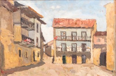 painting of a street scene with buildings and a person walking down the street