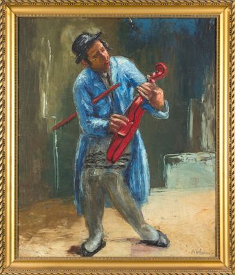 une peinture à l'huile représentant un homme jouant d'un instrument rouge