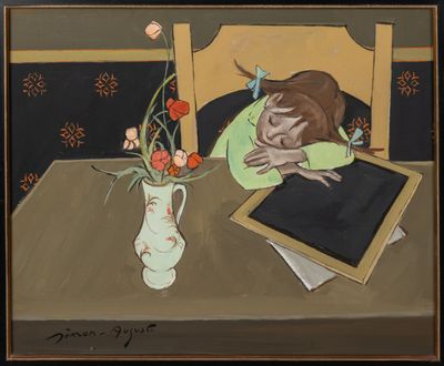 un tableau représentant une femme assise à une table, avec des fleurs dans un vase