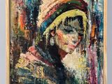 une peinture à l'huile représentant une femme coiffée d'un chapeau coloré