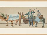 tableau représentant deux hommes sur une charrette avec une vache et un homme à cheval