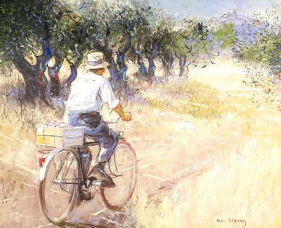 un tableau représentant un homme à vélo sur un chemin de terre