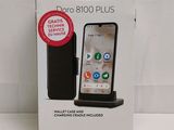 packaging of a black phone with a red button on the front