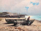 a painting of a man sitting on a boat on the beach