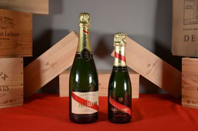 two bottles of wine sitting next to each other on a table