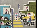 french poster of a street scene with cars and people crossing a street