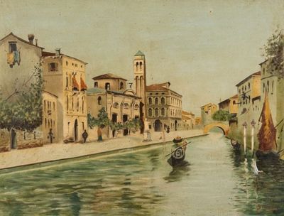a painting of a boat going down a canal