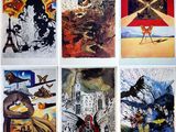 six tableaux représentant différents types d'œuvres d'art accrochés à un mur blanc