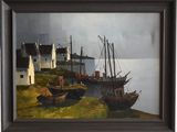 a painting of two boats on the shore by the water