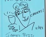 a blue book with a drawing of a man holding a wine glass