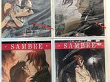 quatre couvertures de bandes dessinées d'anime sont présentées sur une surface blanche