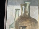a painting of three vases on a table next to a painting of a vase