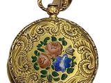 an image of a close up of a gold pocket watch on a white background