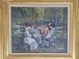 un tableau représentant un groupe de personnes assises dans un parc