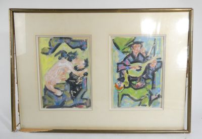 two framed paintings of a man and a woman playing guitar