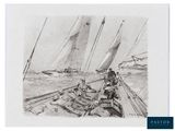 un dessin en noir et blanc représentant un homme sur un voilier
