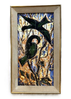 painting of two birds perched on a tree branch in a frame