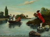 a painting of a woman in a red dress standing on a rock by a river