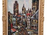une peinture à l'huile représentant une scène de rue en ville, avec une église en arrière-plan