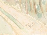 a watercolor painting of a man riding a skateboard down a hill