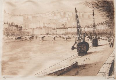 drawing of a view of a city with a bridge over a river