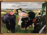 a painting of a group of people with umbrellas