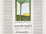 a drawing of a tree with a sun in the background