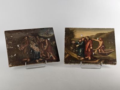 two small paintings of jesus and other figures on a table