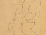 dessin représentant un homme assis sur un tabouret, coiffé d'un chapeau