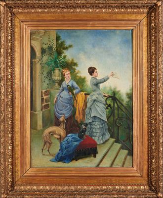 un tableau représentant deux femmes et un chien sur un balcon