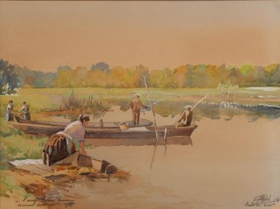 un tableau représentant un homme et une femme sur un bateau au milieu de l'eau