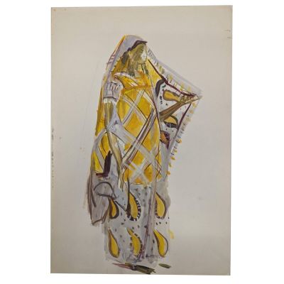 un dessin représentant une femme vêtue d'une robe jaune et blanche