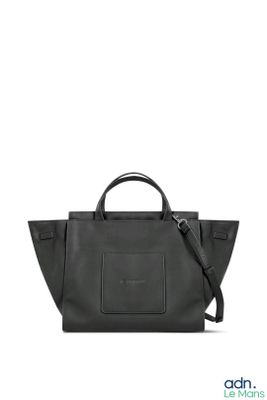 a black handbag with a zipper on the front and shoulder strap
