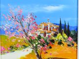 an oil painting of a tree in front of a building