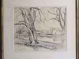 drawing of a landscape with trees and a barn in the background