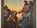 a painting of jesus is giving a woman something to him