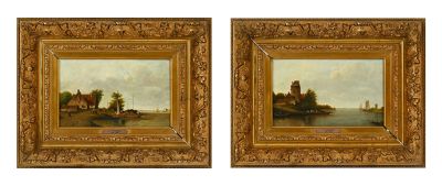 paire de peintures à l'huile du XIXe siècle représentant une scène fluviale